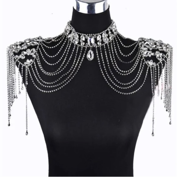 Rhinestone/Tulle Frills Bridal Shoulder Tassel, Glam Coverup for Strapless Dress - Picture 7 of 10